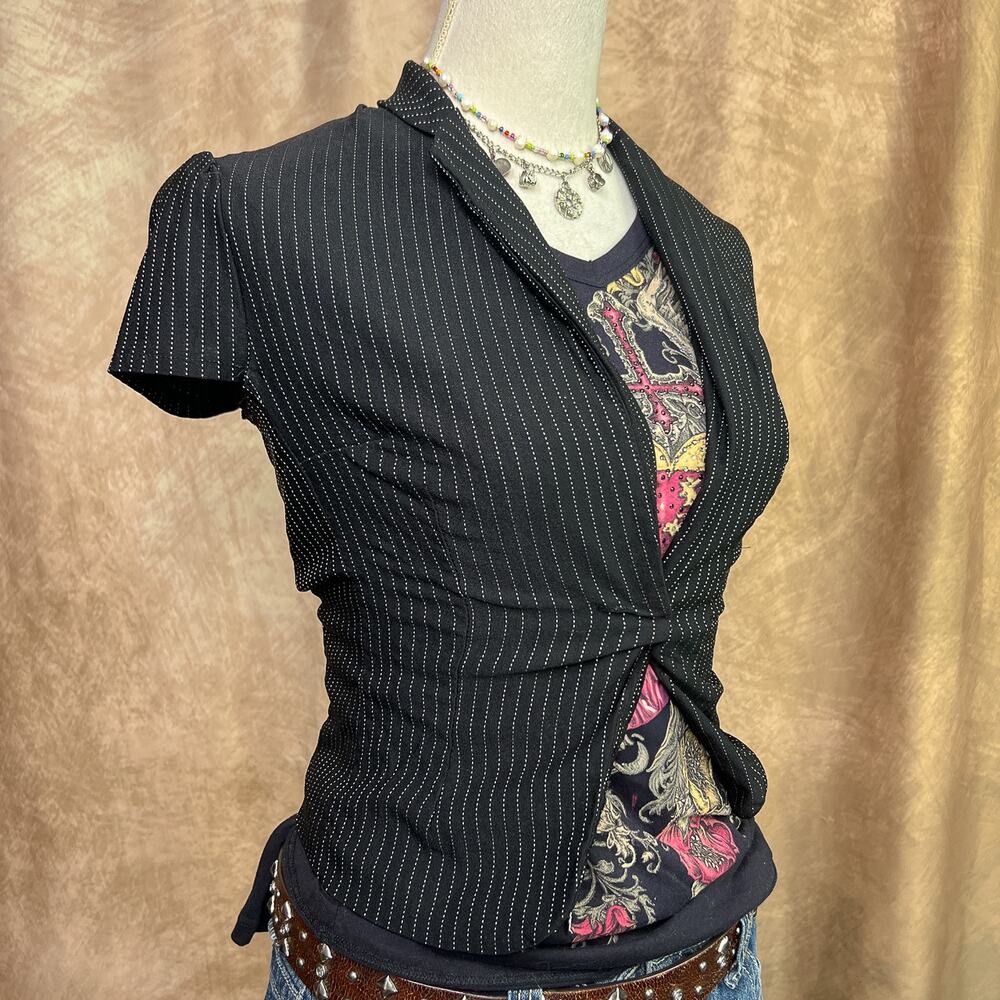 Wet Seal Bolero Jacket Pinstripe Cropped Black Puff Sleeve Vintage Y2K Indie - Picture 2 of 7